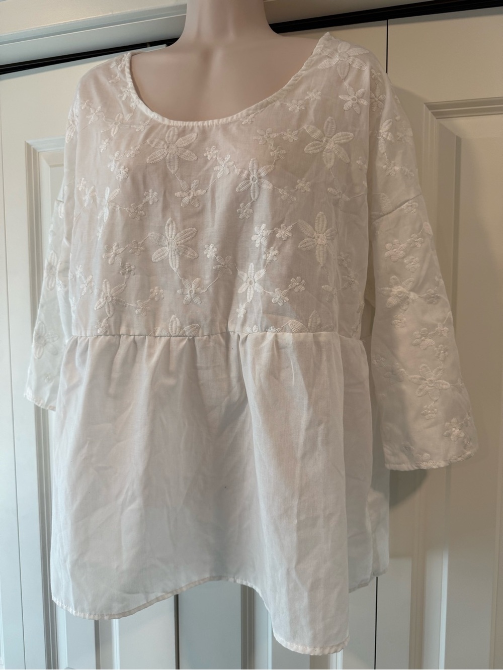 Boho peasant white cotton semi sheer blouse large L